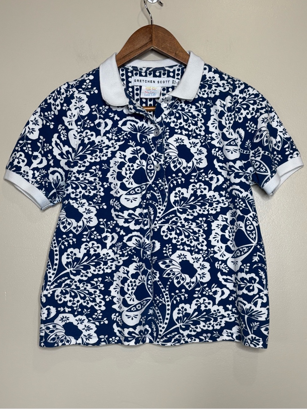 Gretchen Scott Designs Navy Blue & White Floral Print Short Sleeve Polo Top